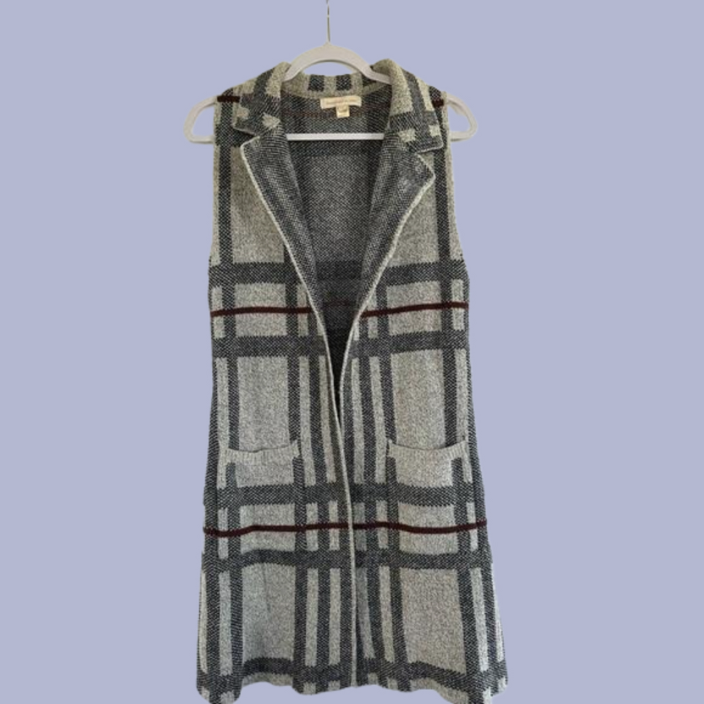 Monteau Los Angeles Double knit longline checked vest with pockets size small